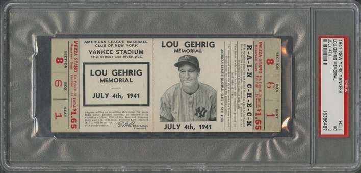 1941 Lou Gehrig Memorial July 4th- New York Yankees Full Ticket (PSA/DNA VG 3)
